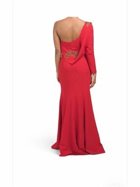 Red One-Sleeve Maxi Dress with Gold Embellishment